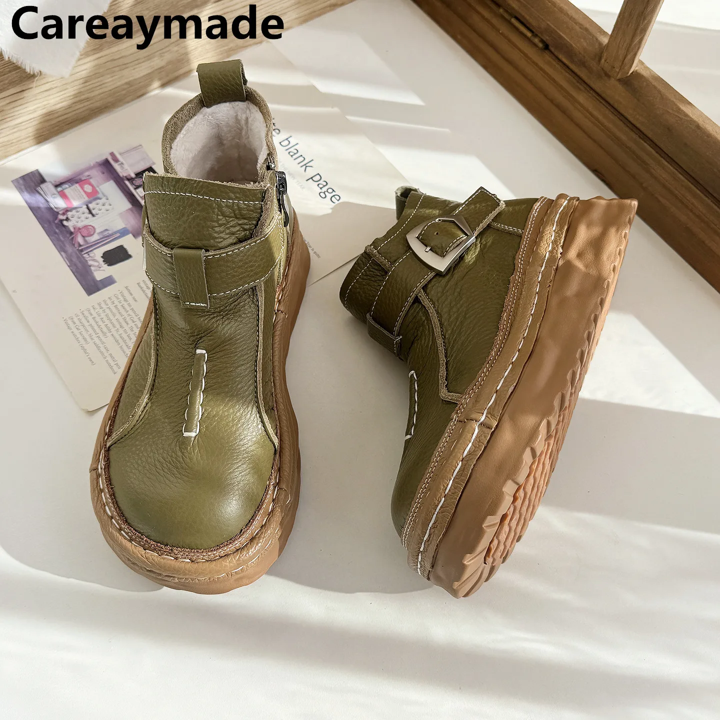 

Careaymade-Genuine Leather wider toe women's boots,muffin thick soled Casual boots short tube boots winter warm ugly cute shoes