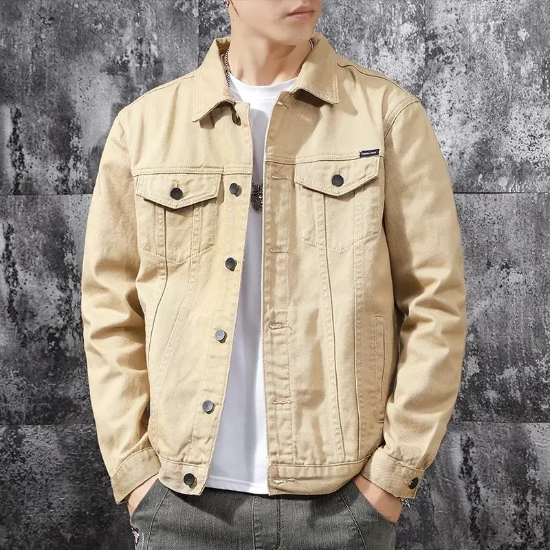 Male Jean Coats Khaki Cargo Autumn Men's Denim Jacket Plus Size Outwear Low Price Joker Aesthetic Cost Korean Popular Clothes L