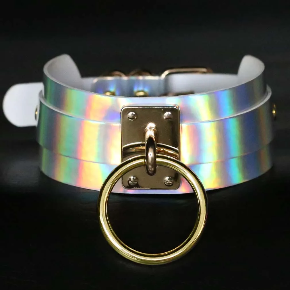 Punk Gothic Personality Exaggeration Nightclub Laser Circle Multicolored Leather Stainless steel Clavicle chain Necklace