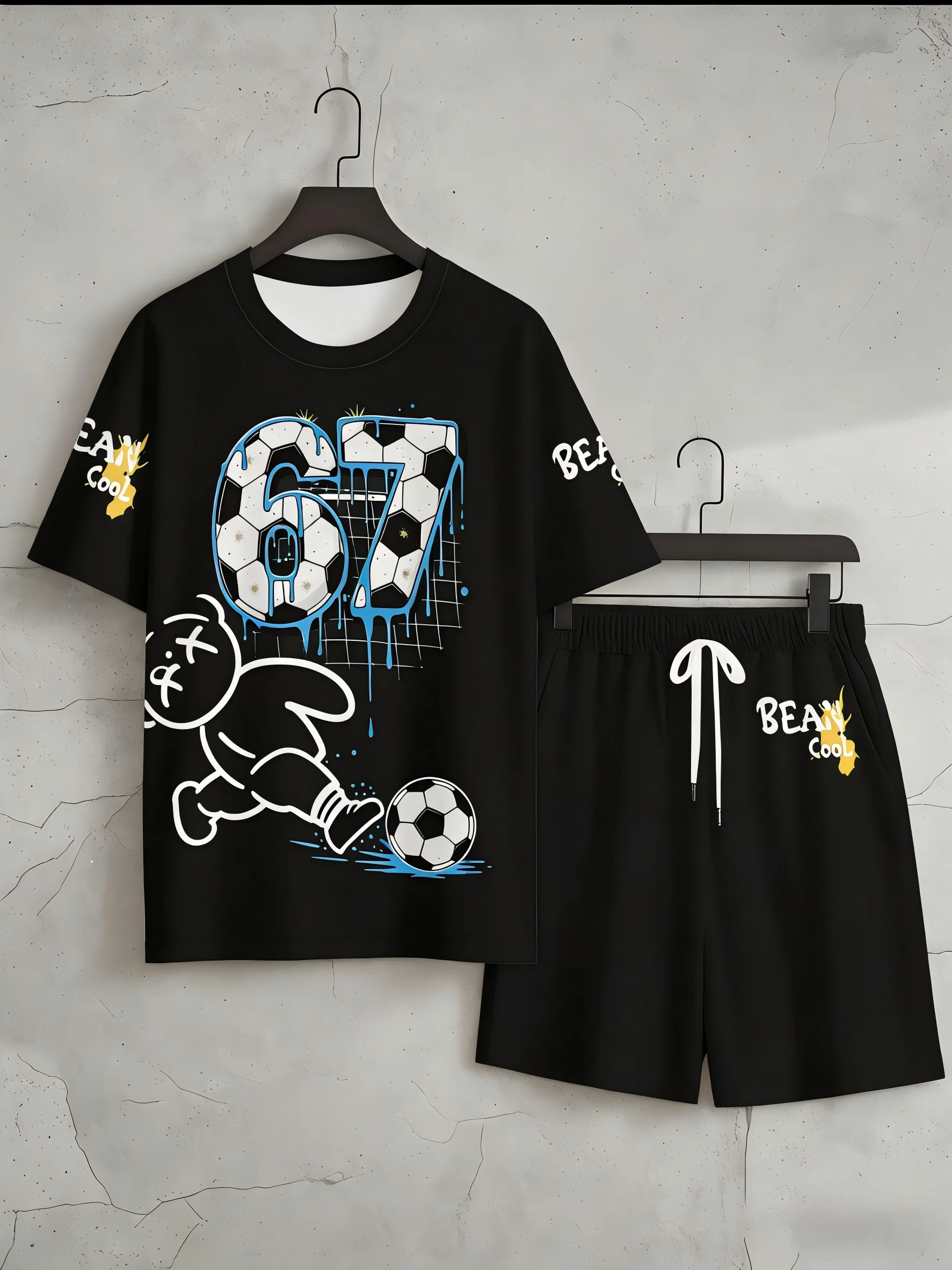 Men's summer teddy bear letter print comfortable breathable round neck T-shirt drawstring shorts set outdoor casual wear