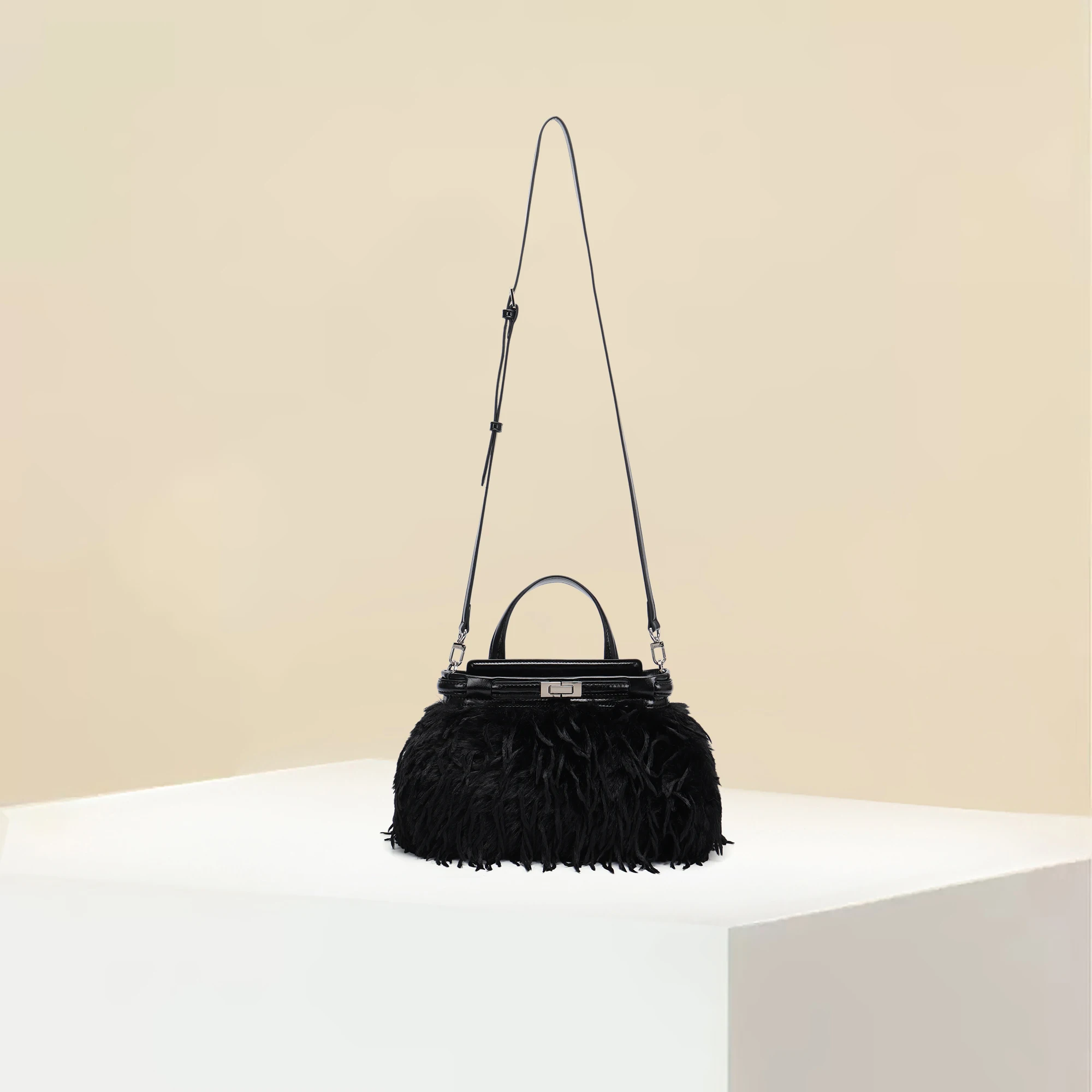 Black Plush Shoulder Bag for Ladies Fashionable Work And Daily Wear Autumn Winter Collection Soft Touch Ladies Handbag
