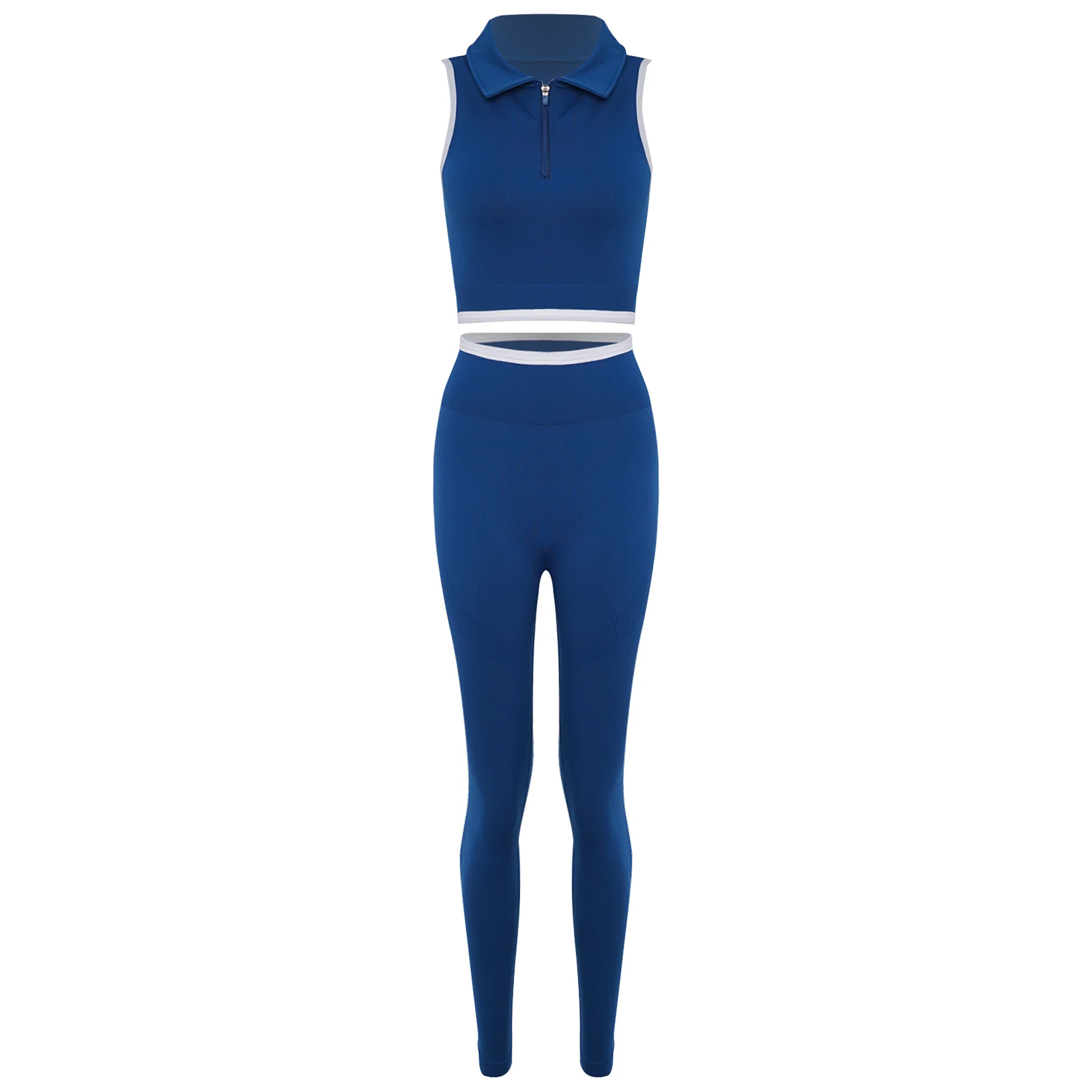 

Women Contrast Trim Sports Set Zipper Turn-Down Collar Sleeveless Crop Top with High Waist Leggings for Yoga Workout Running