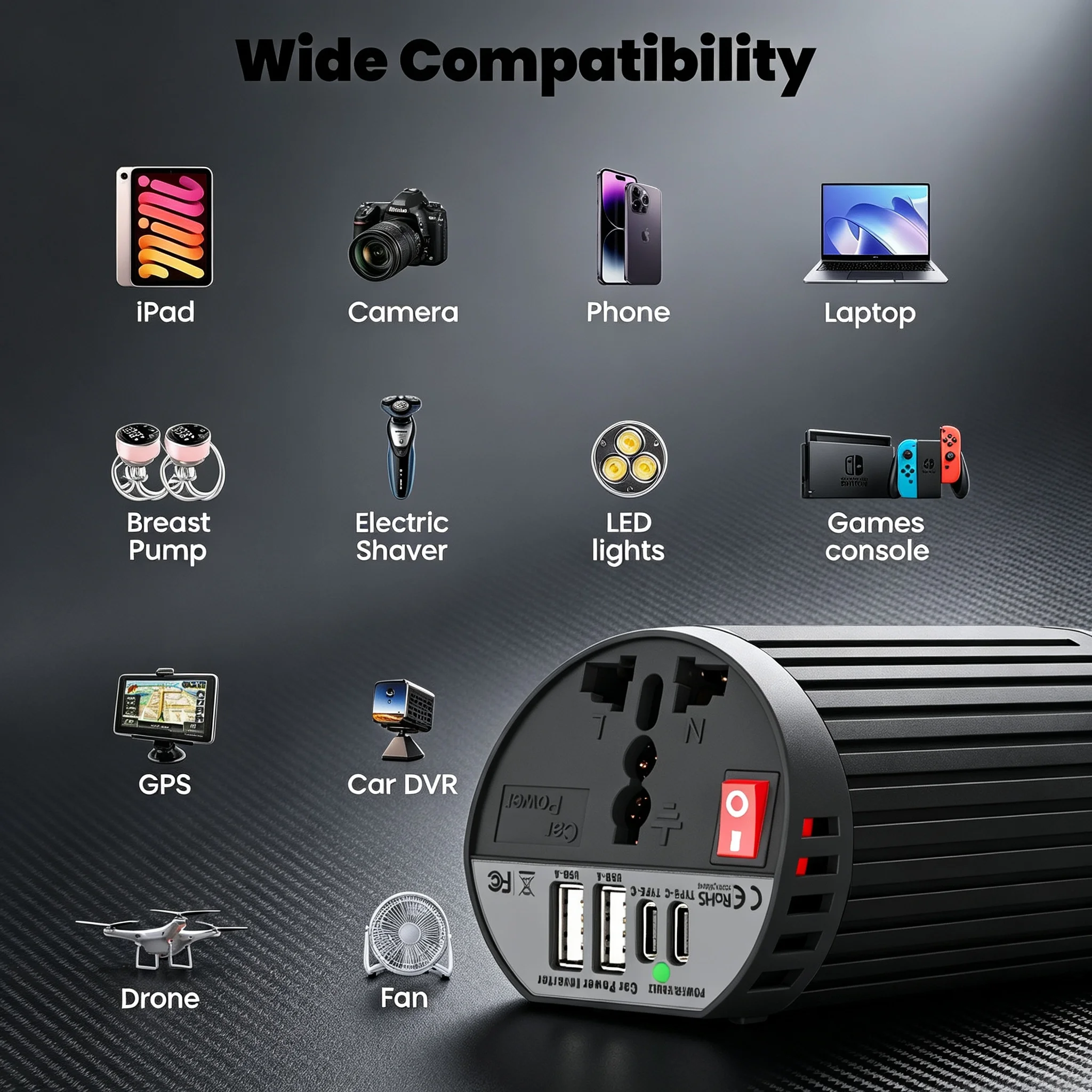 400W Car Power Inverter (Peak), 400W Car Power Inverter (Modified Wave), Rated Power 200W Inverter, 12V to 220V, Universal Socket, Portable Adapter, Universal Car Charger for Cars, Trucks, Rvs, Outdoor Gear, Suitable for Street Vending, Vehicles, Camping, Offices, Road Trips Fast Charging Car Charger