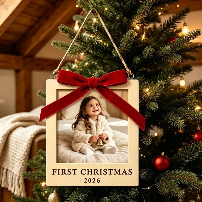 Weihnachts-Fotorahmen-Ornament aus Holz für Baum oder Wand 3XUF – Detail 7