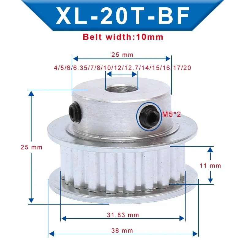 

XL 20T BF Timing Pulley Bore 4/5/6/14/15/20 mm Teeth Pitch 5.08mm Aluminum Pulley Wheel Teeth Width 11mm For 10mm XL Timing Belt