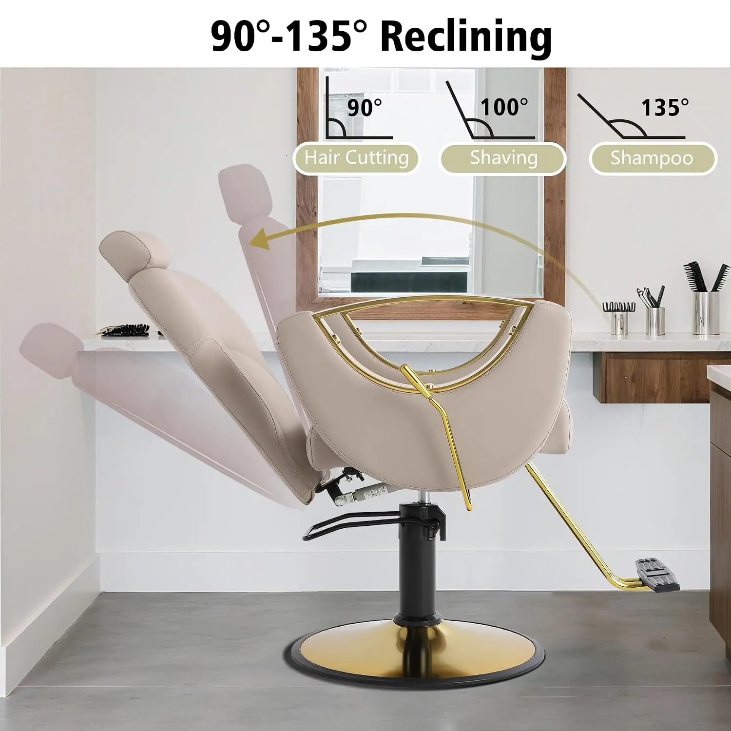 360° Swivel Reclining Salon Barber Chair, Height Adjustable Hair Stylist Chair for Barbershop Beauty Spa, Grey, Customized - view 4