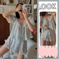 New Summer French Style Women Two Pieces Pajamas Set Female Chiffon Short Sleeves Short Pant Lace Trim Cute Sweet Home Clothing