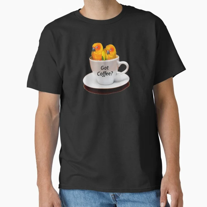 

Got Coffee_ Mug with Cute Orange Conures Parrots Gift T shirt for man Large size Tops Funny parrot Graphic Printed clothes