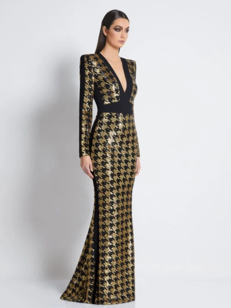 Sexy V Neck Bird Lattice Sequins Maxi Dress Women Black Gold Sequin Long Sleeves Bocycon Long Dress Runway Evening Party Gown