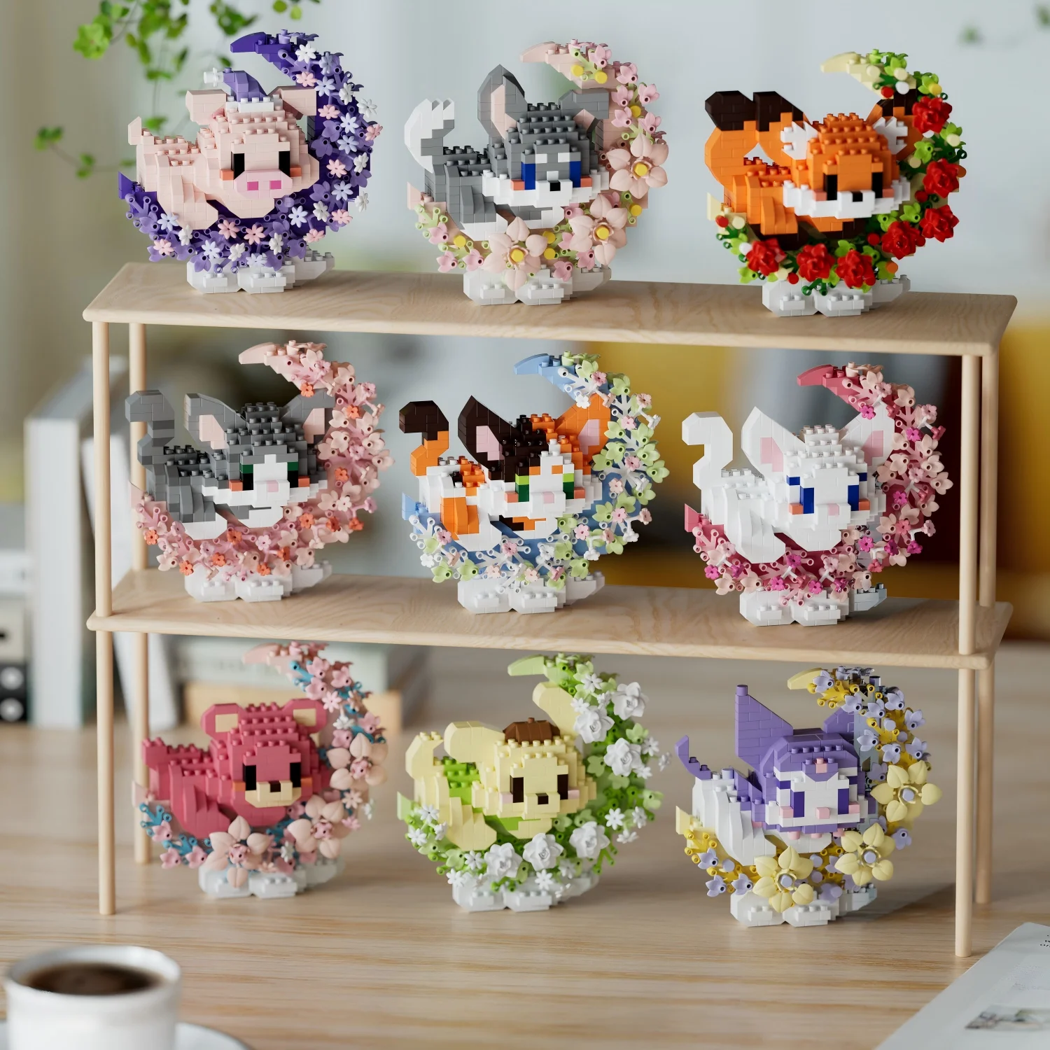 Cute Cartoon Character Floral Wreath Micro Building Bricks Single Piece Mini Block Set DIY Educational Toy for Home Decor