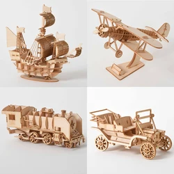 Kits de construction en bois pour enfants, puzzles 3D, découpés au laser, locomotive à vapeur, avion biplan, bateau, véhicule