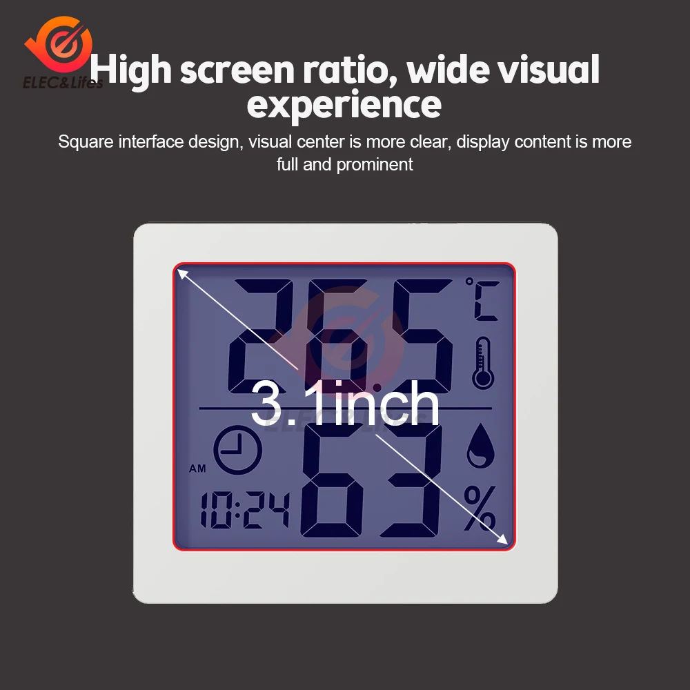 Termômetro multifuncional higrômetro eletrônico automático monitor de umidade temperatura relógio grande tela lcd ℃ / ℉   Com bateria