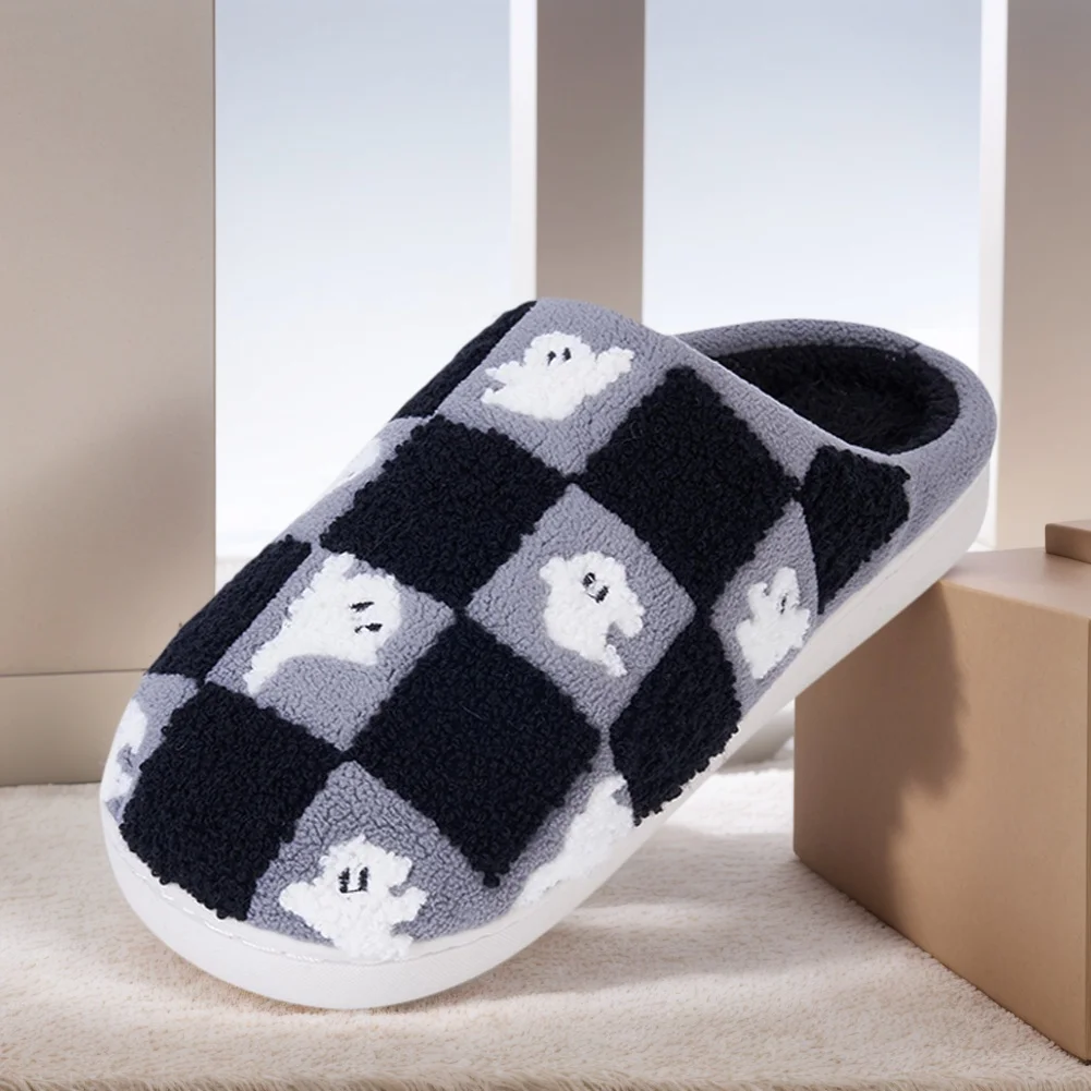 

Ghost Checkered Plush Slippers Soft Furry Slipper Comfortable Fuzzy Checkerboard Slippers Non-Slip for Indoor Bedroom