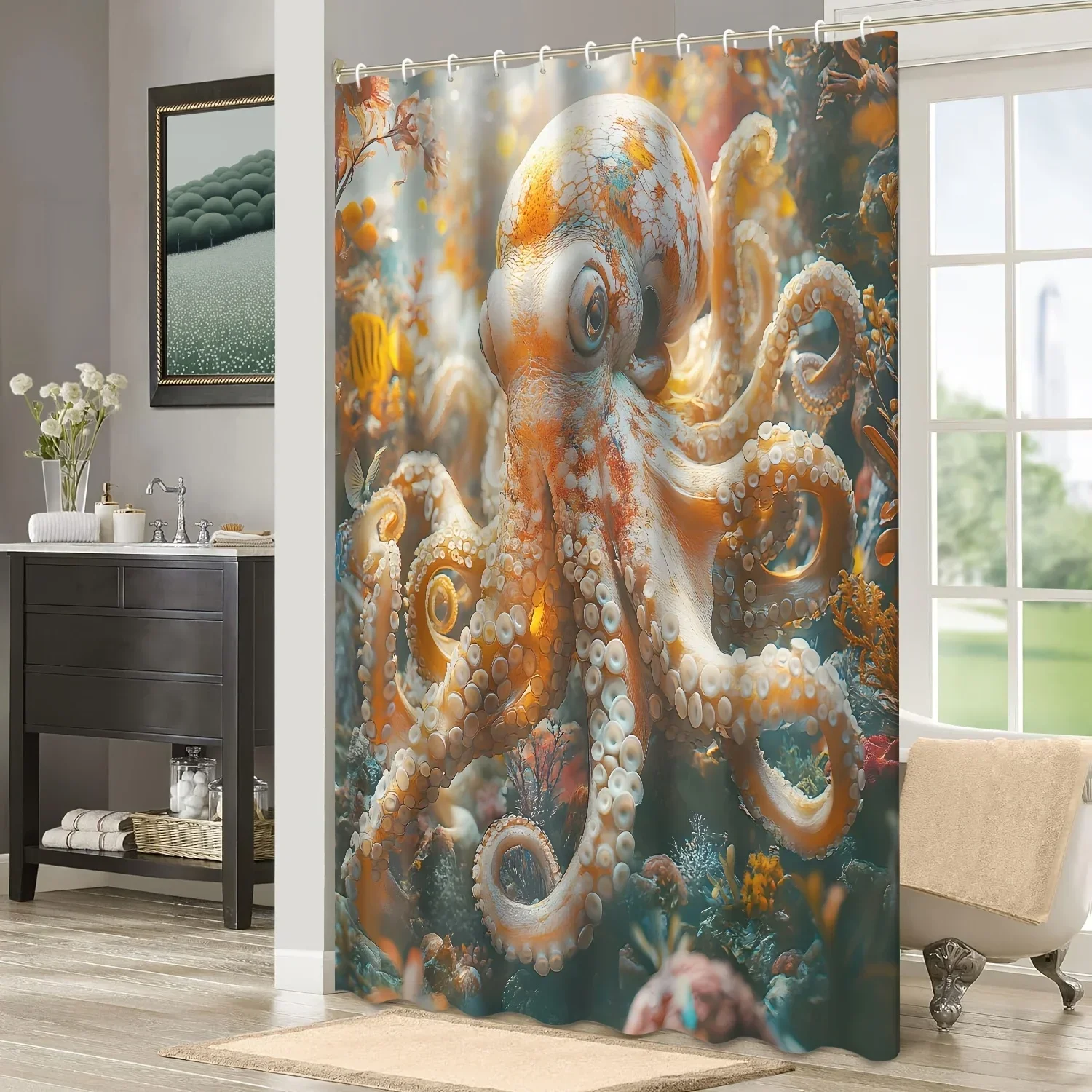 1pc Marine Life Squid Octopus Tentacle Shower Curtain Partition Curtain, Contains 12 Hooks Shower Curtain, Bathroom Decoration,V