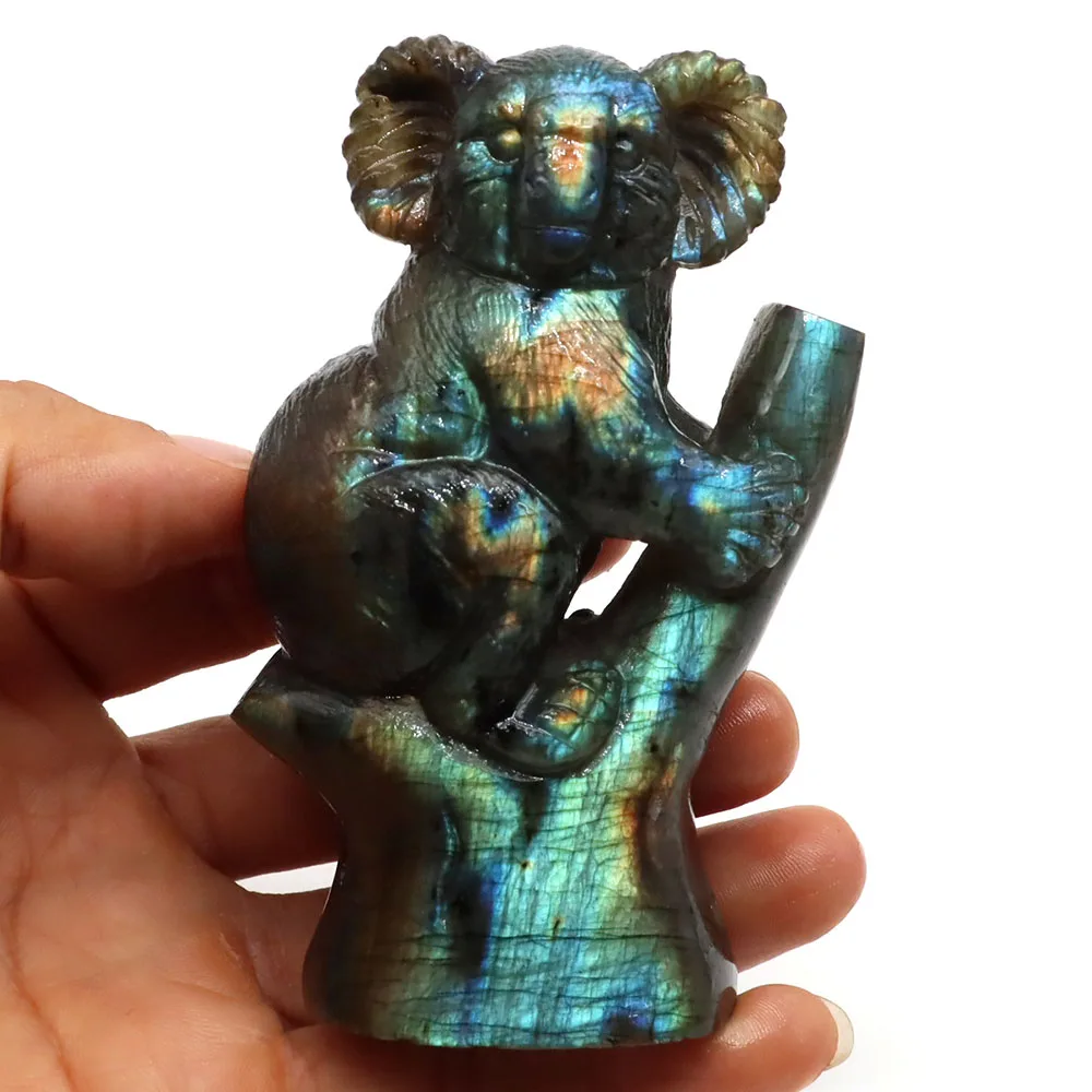 Kaola Figurine Hand Carved Healing Crystals Cute Statue Natural Labradorite Stone Sculpture Reiki Room Home Decoration Gifts