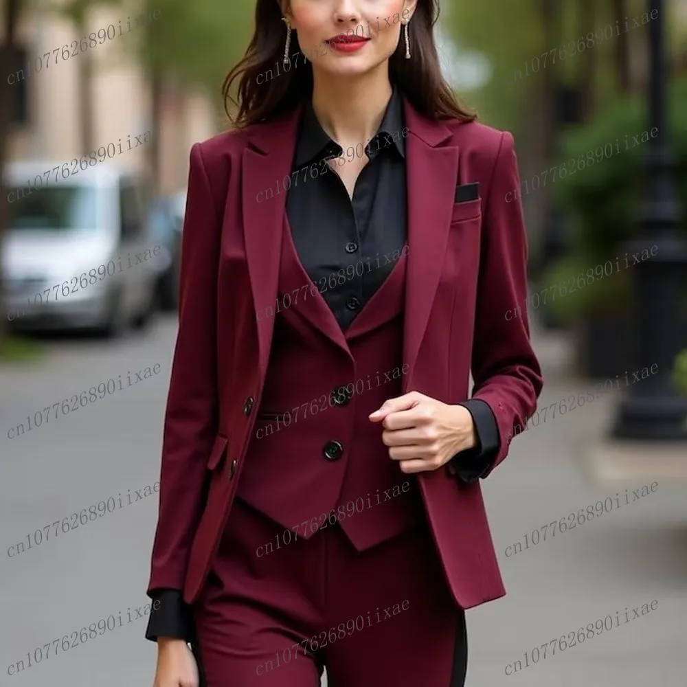 

New Burgundy Women Suit Formal Occasion Wedding Party Business Office Lady Tuxedos 3 Piece Set Blazer Vest Pants Customized