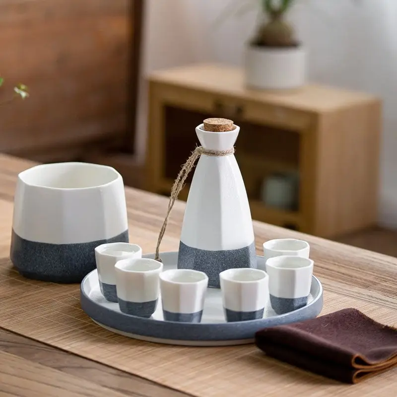 

Creative Japanese-Style Sake Set Home-Use Sake Pourer and Octagonal Ceramic Sake Cup Gift Set with 6 Cups Customizable Home Gift