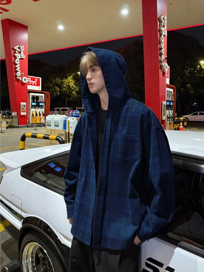 

Smart Chen American Retro Plaid irt Jaet Couples Match Loose Fit Long Sve Zipper Closure Casual Outerwear for Teens
