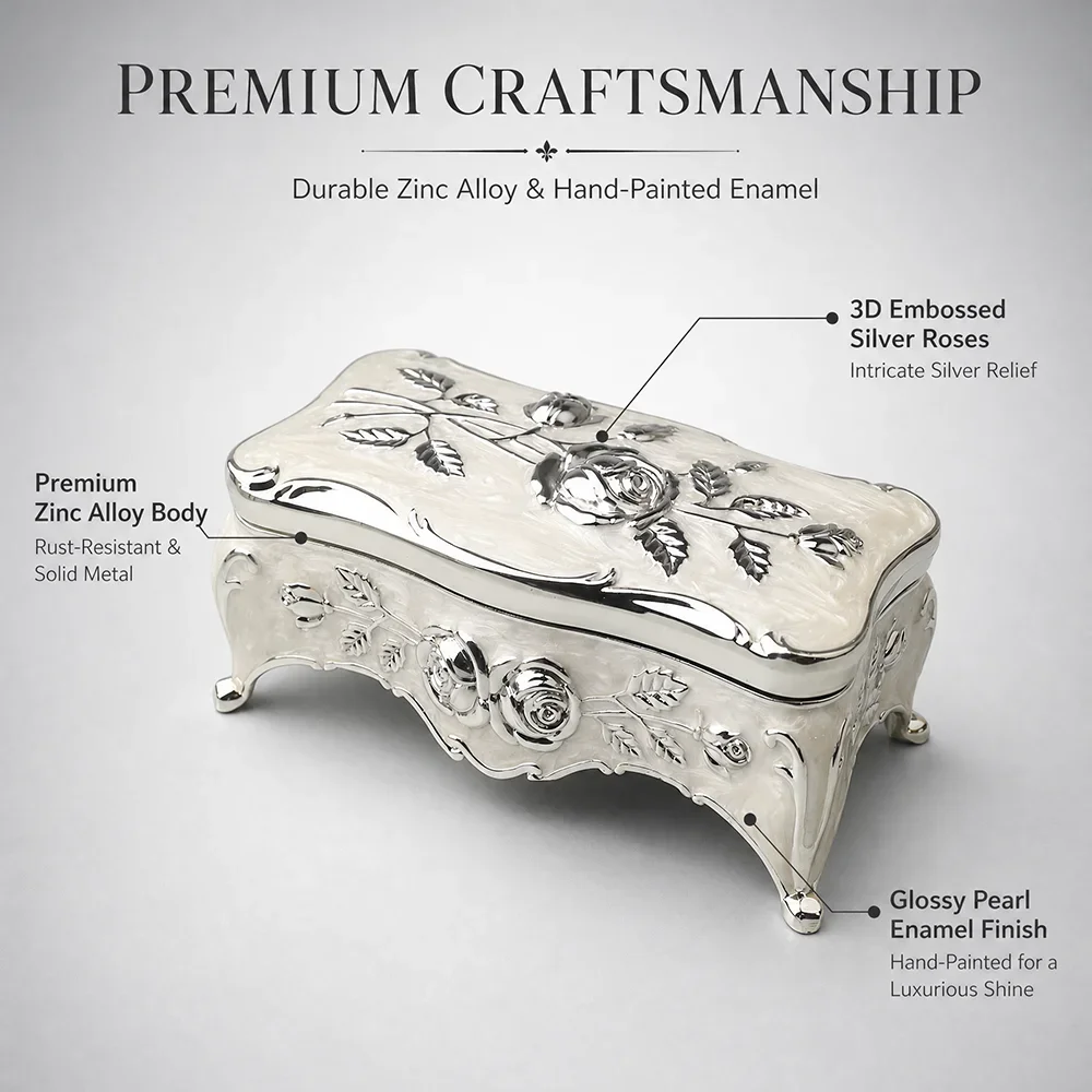 Music Box Vintage Silver Tone Musical Jewelry Box, Velvet Lined Anniversary Gift for Her Girlfriend Wife Mom Women