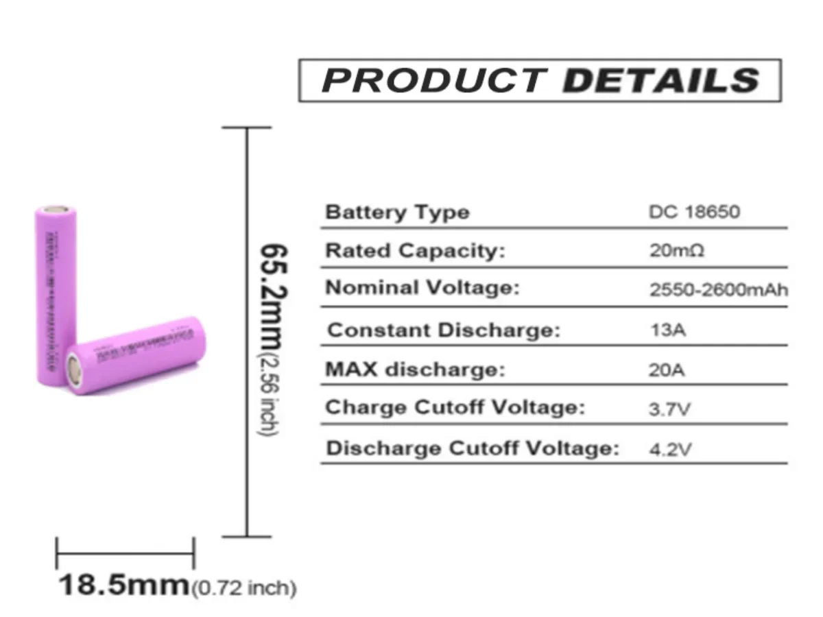 New 18650 2600mAh MAX Discharge 20A Lithium Ion Rechargeable Battery Discharge Rate 5C 3.7V for Power Tools Electric Screwdriver