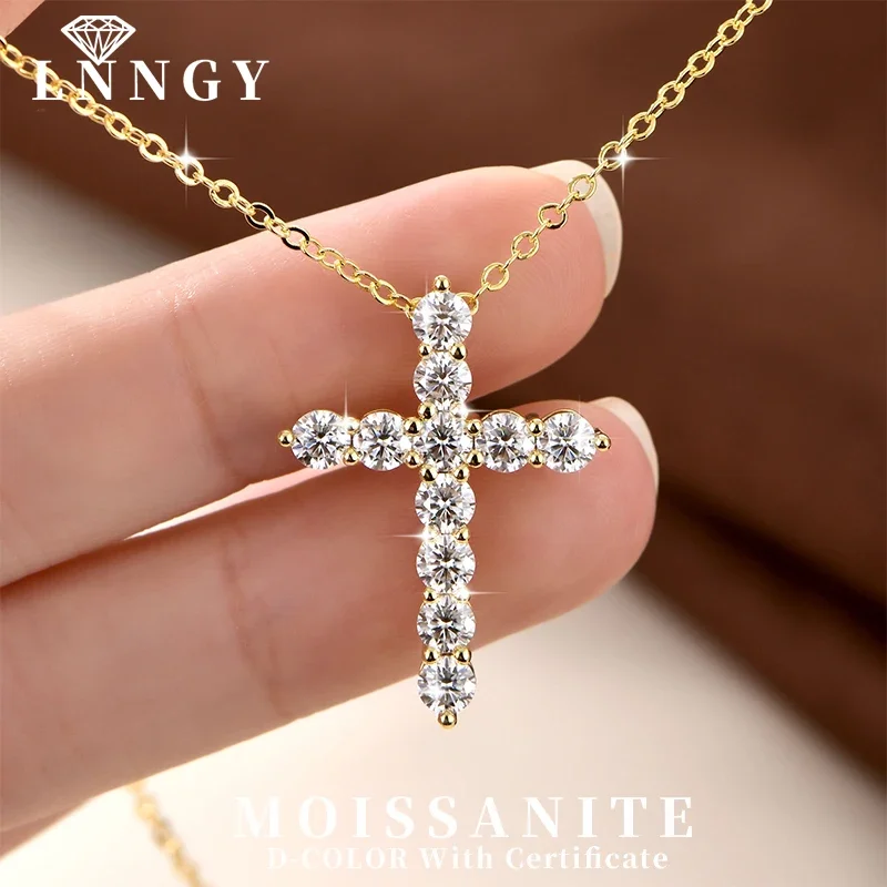 

Lnngy 14K Gold Filled Cross Pendant Necklace Certified 3.5MM Full Moissanite Necklaces for Women Lab Diamond Vintage Jewelry