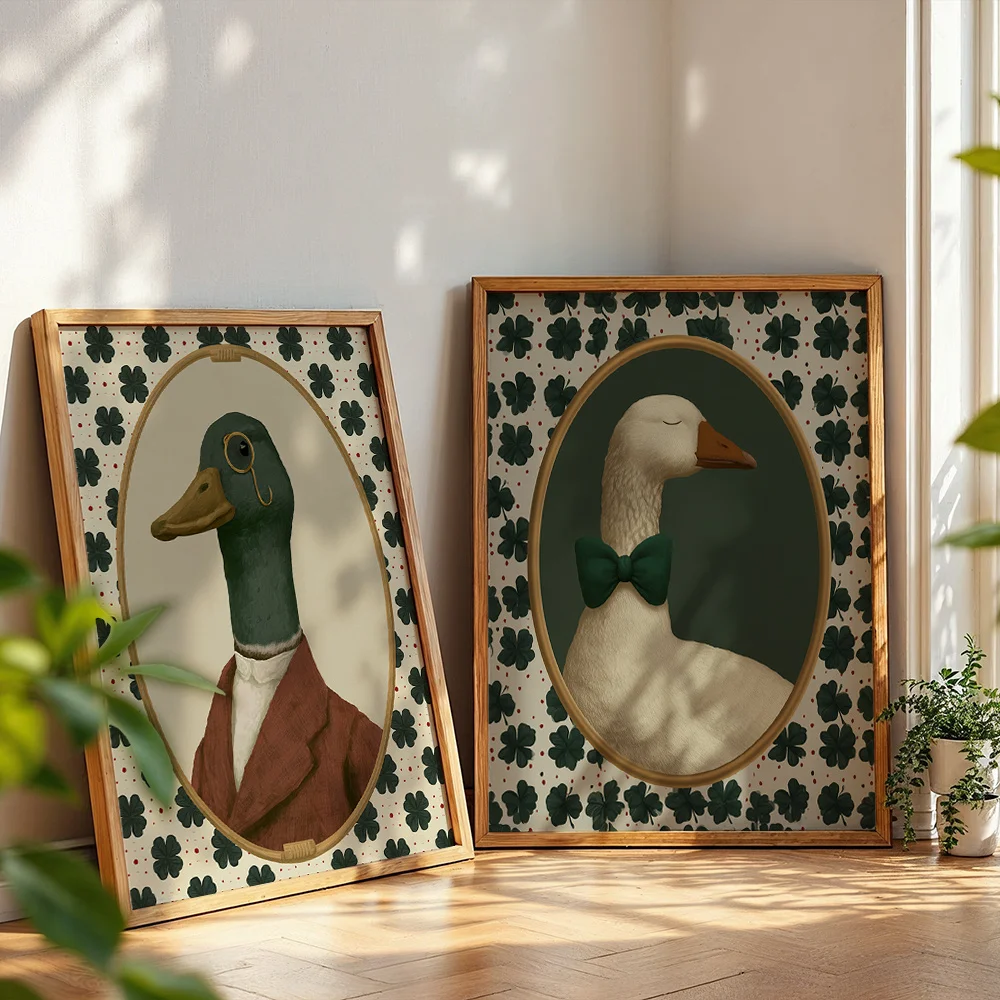 2pcs Vintage Wall Art Duck-pattern Poster Canvas Painting - Animal-themed Wall Decoration for Living Room, Bedroom, Home Decor