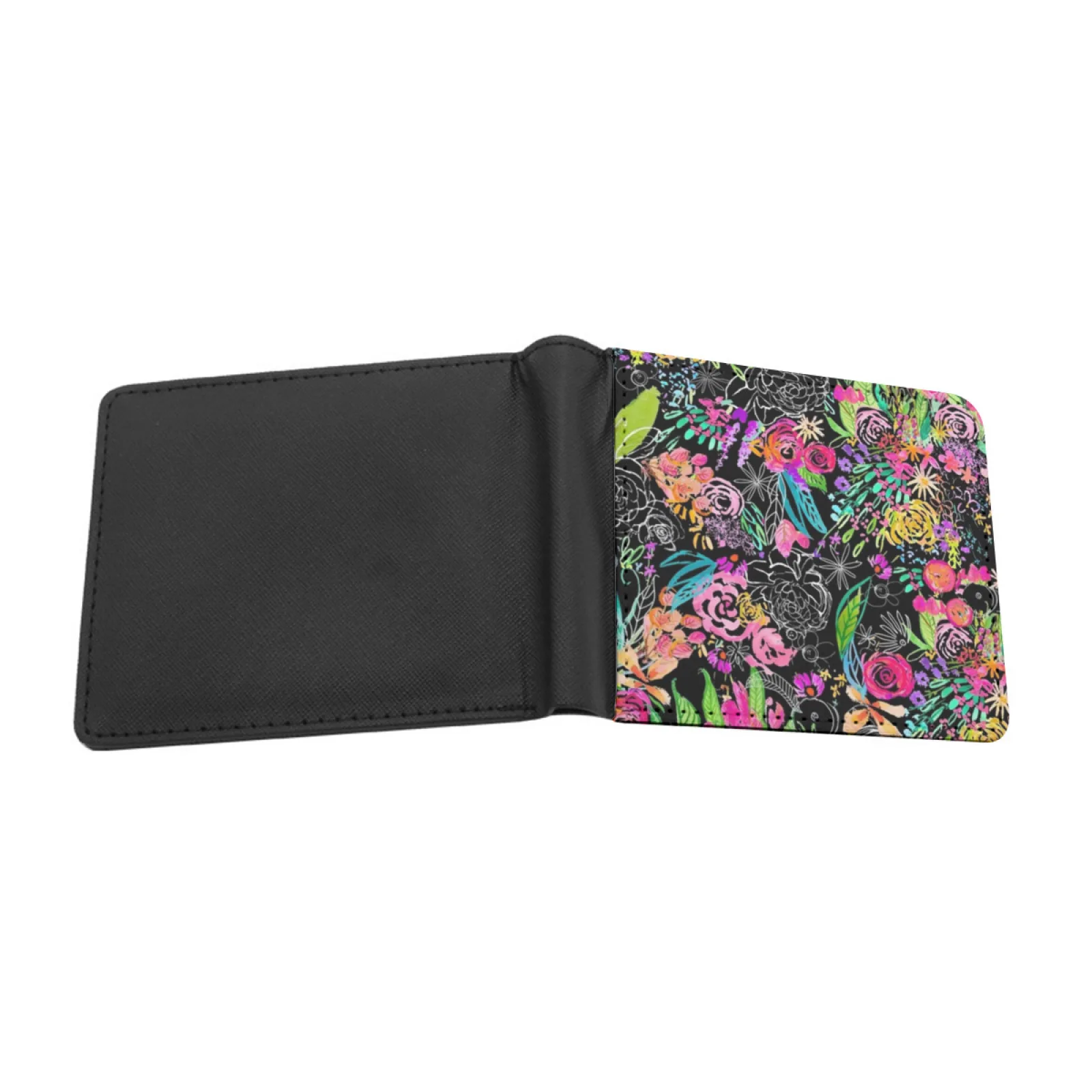 Neon Midnight Gardens Personalized Men's Leather Wallet Card Money Bag Pu Leather Wallet Neon Colorful Floral Bright Watercolor