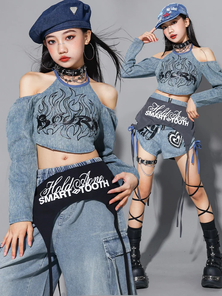 

Современная одежда Kpop, костюм для джазового танца, джинсовые топы для девочек, брюки, модная одежда для подиума, концерта, одежда для выступлений на сцене, BL18033