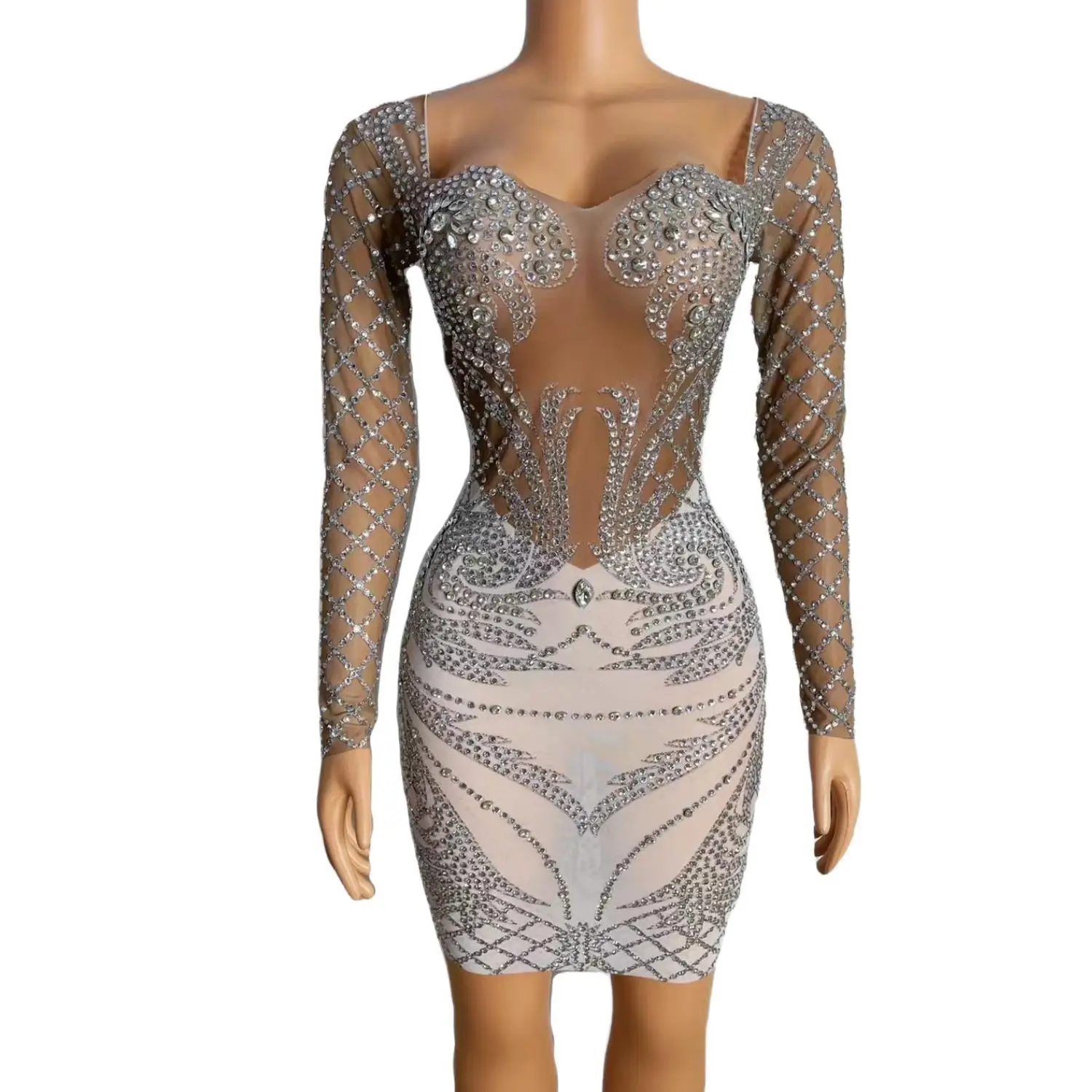 Vestido Sexy de diamantes de imitación plateados para mujer, traje de fiesta de cumpleaños de noche, traje de rendimiento de baile, Mantou, diseñador de marca