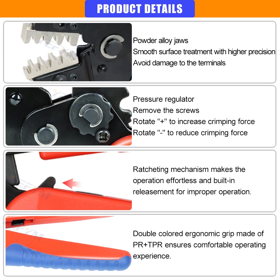 Crimpzange SNX-48BS mit Schnellwechsel-Backen für Tab 2.8 4.8 6.3/Rohr/Photovoltaik/Isolierte Anschlüsse – Elektrische Klemmwerkzeuge – Detail 7