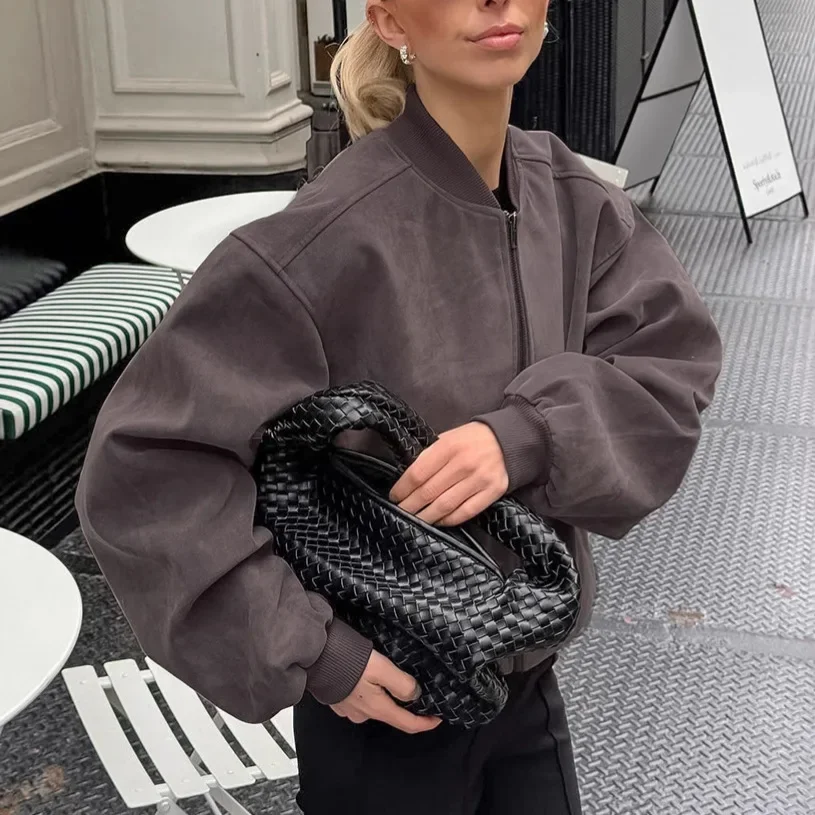 Vintage femmes coupe ample daim Bomber veste manteaux manches ballon fermeture éclair automne hiver manteau mode Streetwear vêtements d'extérieur