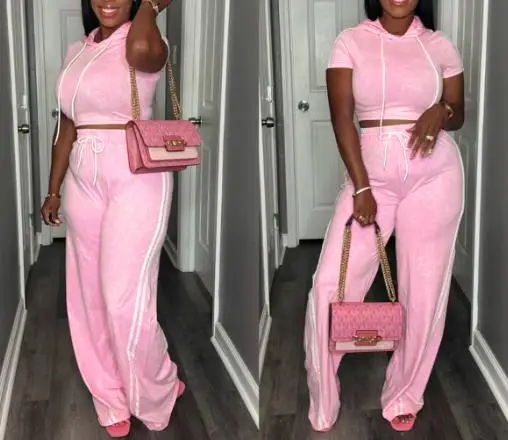 

Two Piece Set Women Outfit 2025 Summer New Solid Color Short Sleeve Crop Hooded Top & High Waist Casual Sports Pants Set