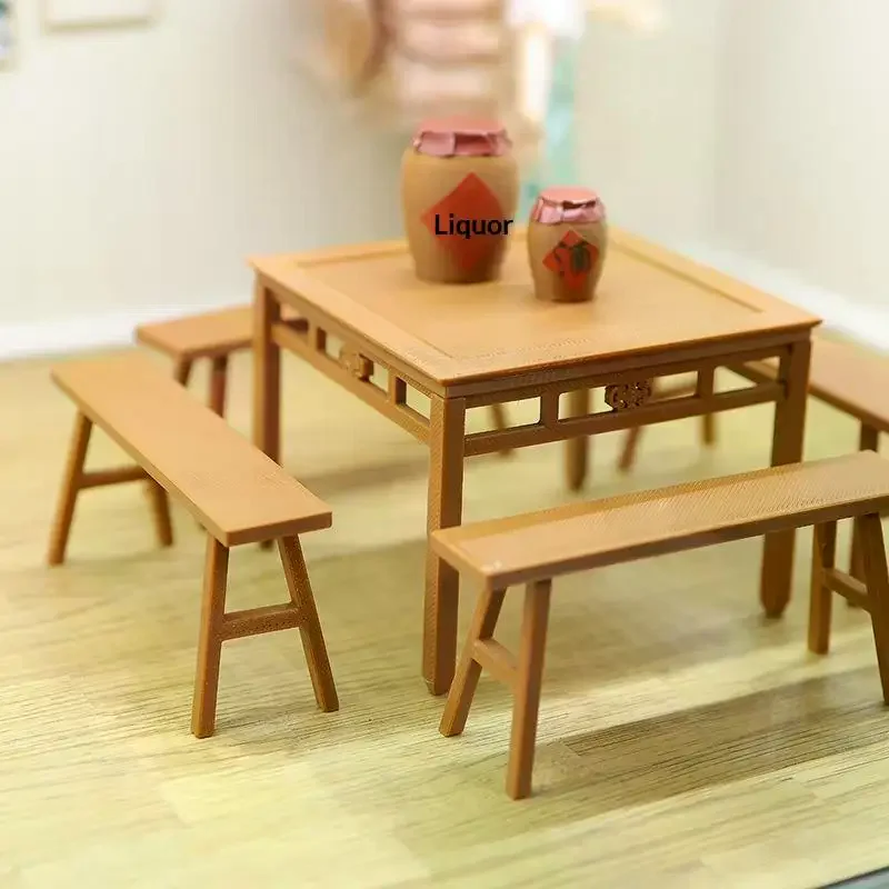 5Pcs Montessori Miniature Imitation Table Long Bench Model 1:12/1:18 Dollhouse Furniture Accessories For Girl Gifts
