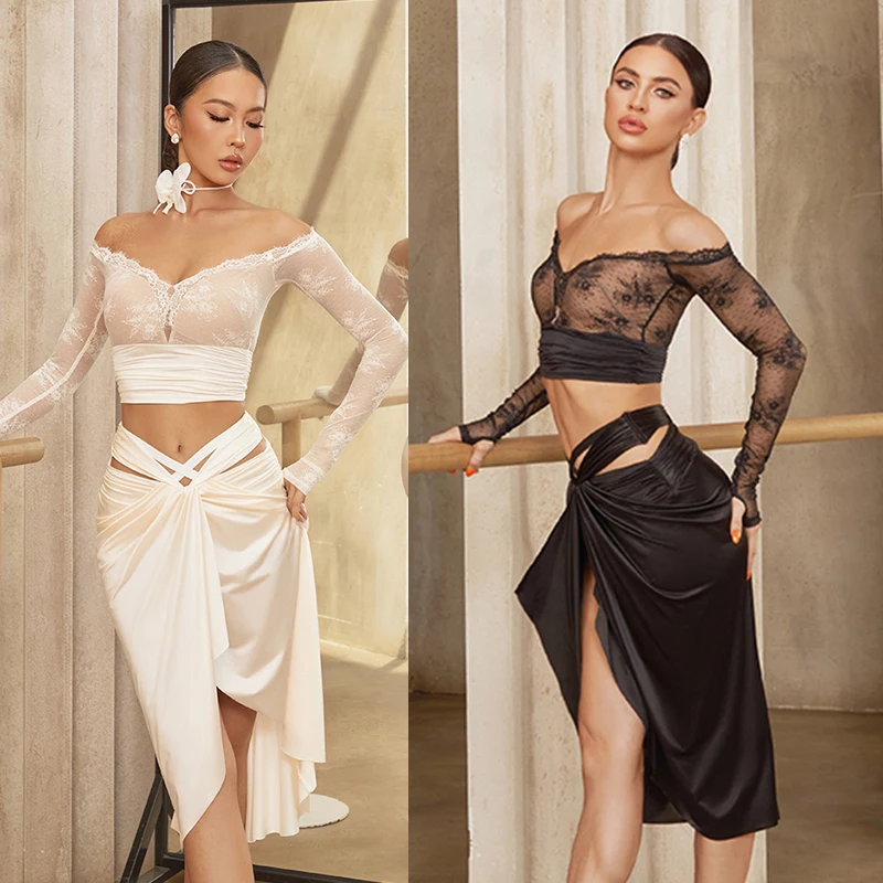 ZYM 라틴 댄스 공연 의류 여성 오프 숄더 긴 소매 레이스 탑 새틴 스커트 룸바 탱고 경쟁 드레스 DNV24650