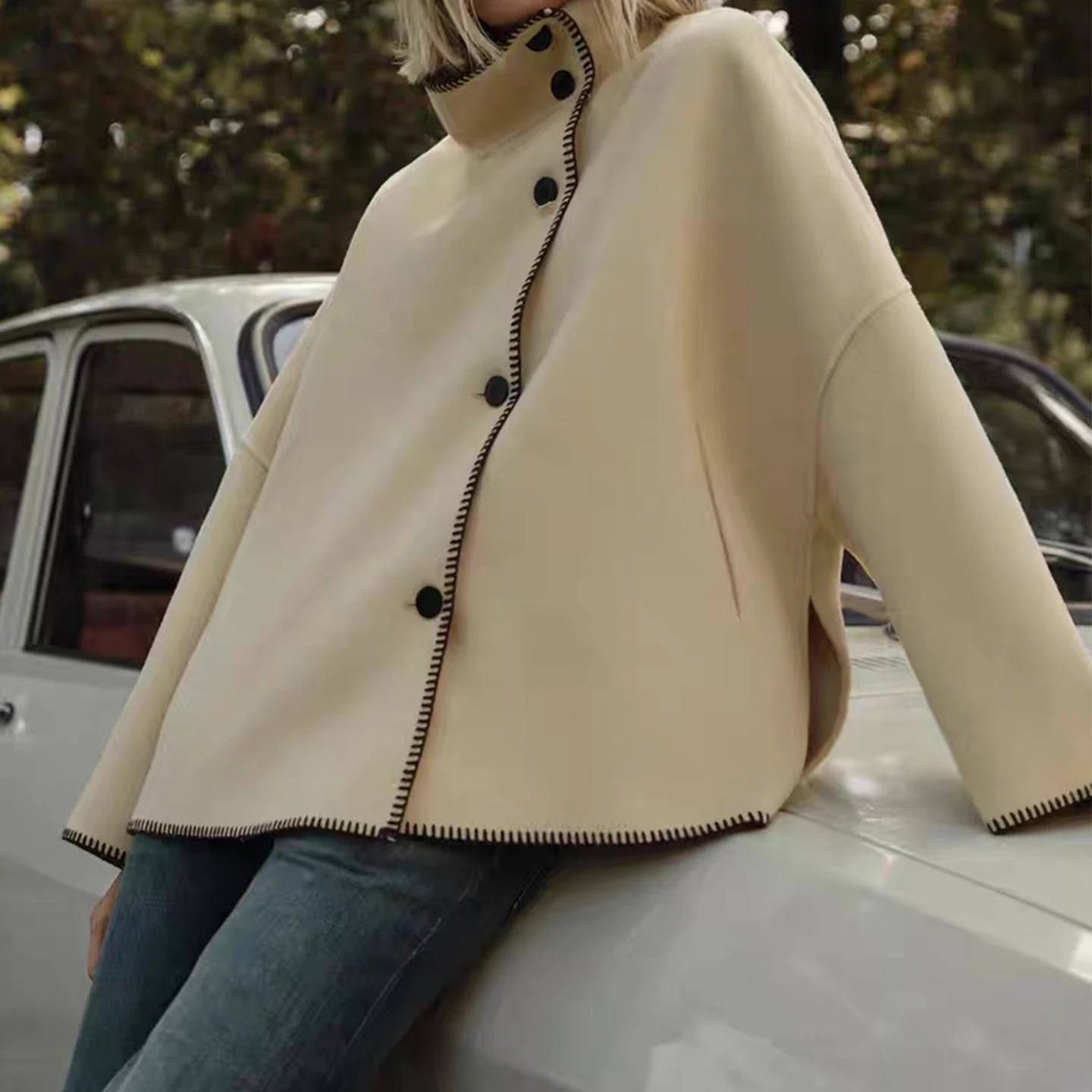 

2025 New High Collar Long Women's Autumn Casual Sle Stand Fit Other Material