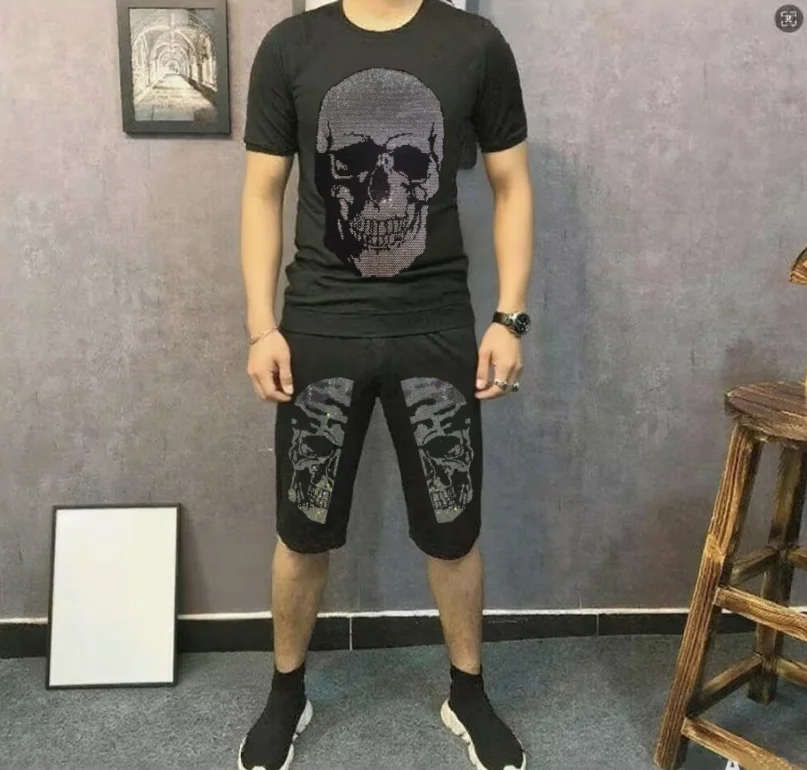 

Brand Men Tracksuit Summer Short Sleeve Set Designer Outfit Lightweight Breathable Casual Rhinestones Jogging Gym Training Daily