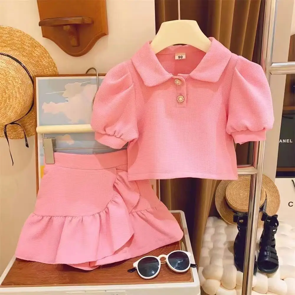 

New Children's Summer Set With Internet Famous PoLo Shirts and Waffle Bottoms Fish Tail Skirts and Pants Two piece Set