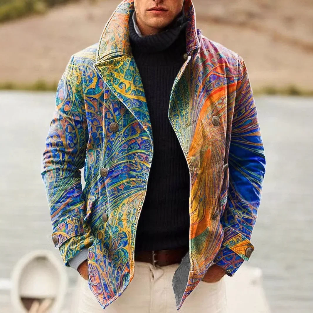 

Men Print Jackets Double Breasted Coat Long Sleeve Cardigan Turn Down Collar Outerwear High Street Loose Fit Button Spliced Male