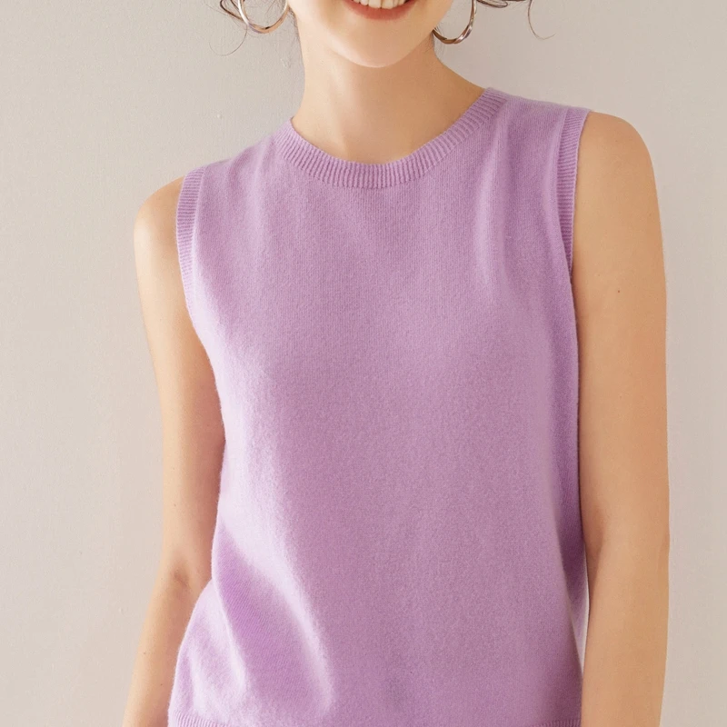 Summer New Women's O-Neck Knitted 100% Cashmere T-shirt Tank Top Fashion High end Short Women's Pullover Sleeveless Tank Top Thi image 4