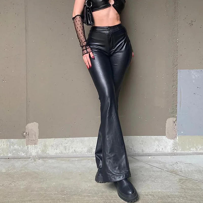 Women Vintage High Waist Flare Pants Stretch Slim Faux Leather Trousers Bell-bottoms Ladies Sexy Bodycon PU Pants Support Custom