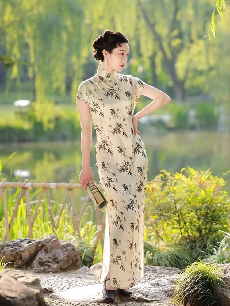 

New Chinese Sle Bamboo Valley adow Vinegar Acetate Ink Painting Traditional Full Open No Long for Women