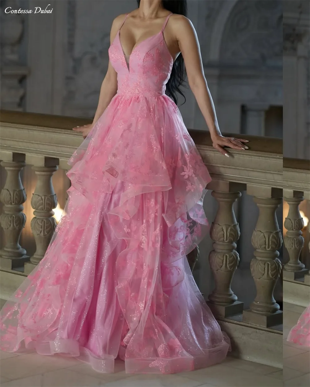 Contessa Custom Roze Glitter Tule Galajurk Spaghetti Band Diepe V-hals Baljurk Ruche Rok Voor Vrouwen Formele Avondfeest