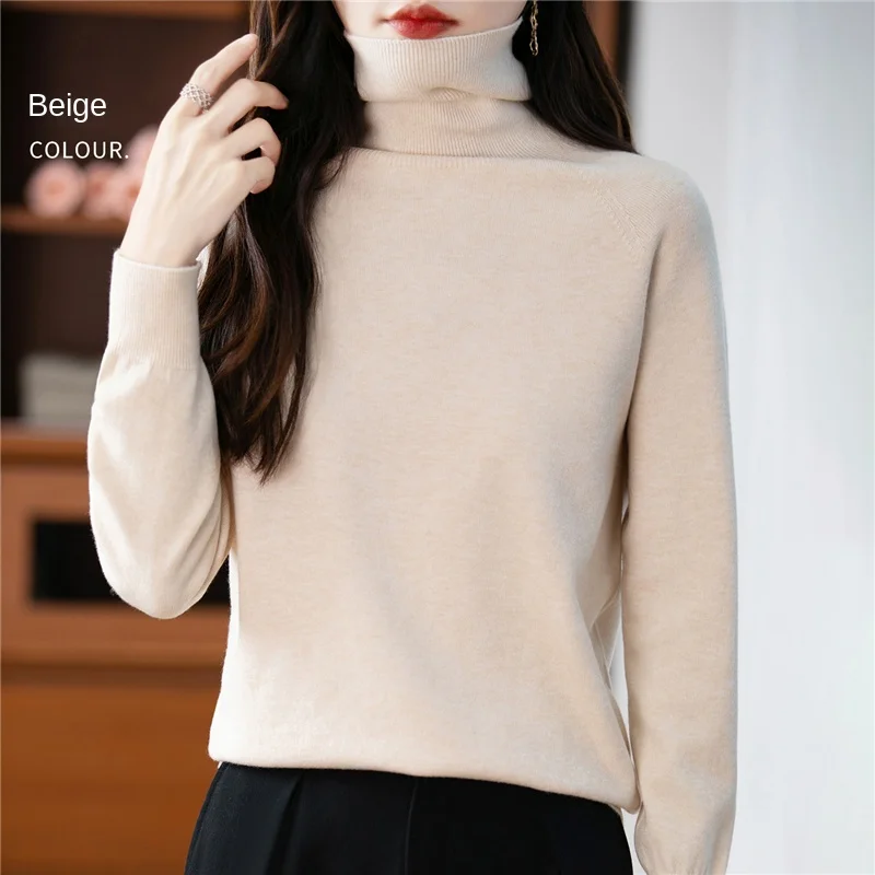 بلوفر نسائي عالي الرقبة بلون سادة وأكمام طويلة للخريف والشتاء، سترة محبوكة عصرية ومريحة -WQ122 #5