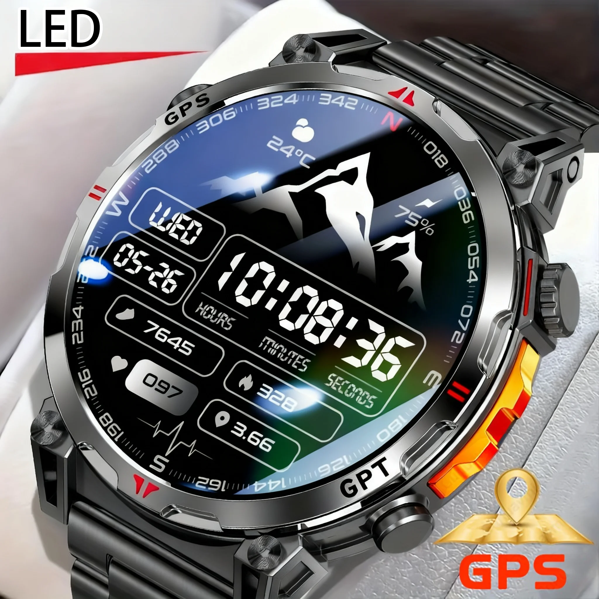 

New T-REX military outdoor sports GPSLED flashlight, 650MAH battery, 3ATM waterproof compass, Bluetooth phone, men's smartwatch,