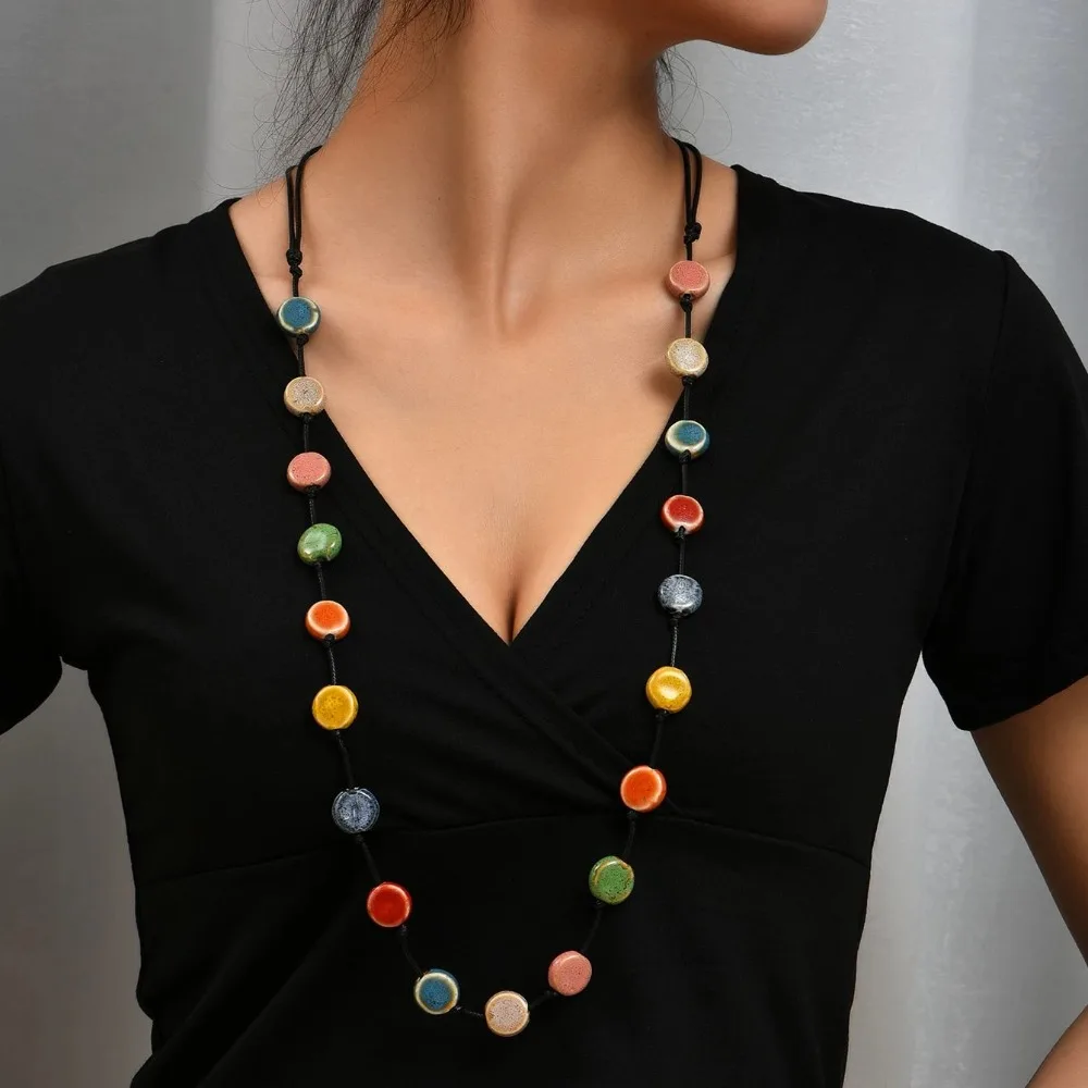 Colorful Ceramic Necklace Boho Style Handmade Adjustable Necklace Simple Woven Rope Sweater Chain Necklace Jewelry Accessories