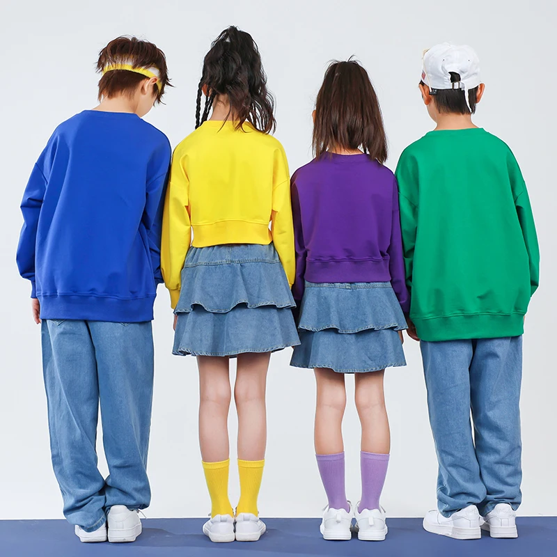 Tenue Hip Hop pour garçons et filles, pantalons en denim, sweat-shirt couleurs bonbon, jogging pour enfants, danse de rue pour enfants, vêtements de pom-pom girl pour adolescents