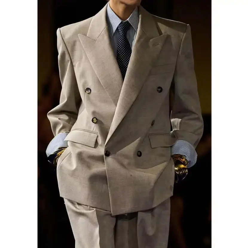 Men's Linen Suit Set Formal Jacket Pants Double Breasted 2 pieces Peak Lapel Oversize Breathable Soft Outfit Business Casual