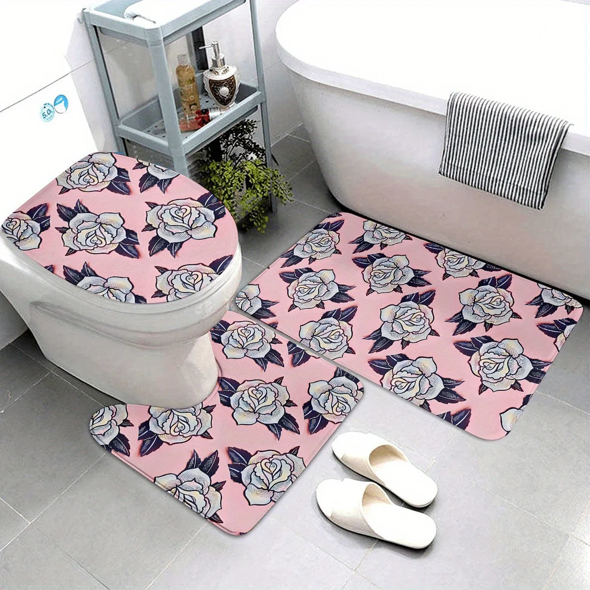 

3-piece Romantic Rose bathroom set, polyester fabric, machine washable, U-shaped mat, bathroom mat, toilet seat cover