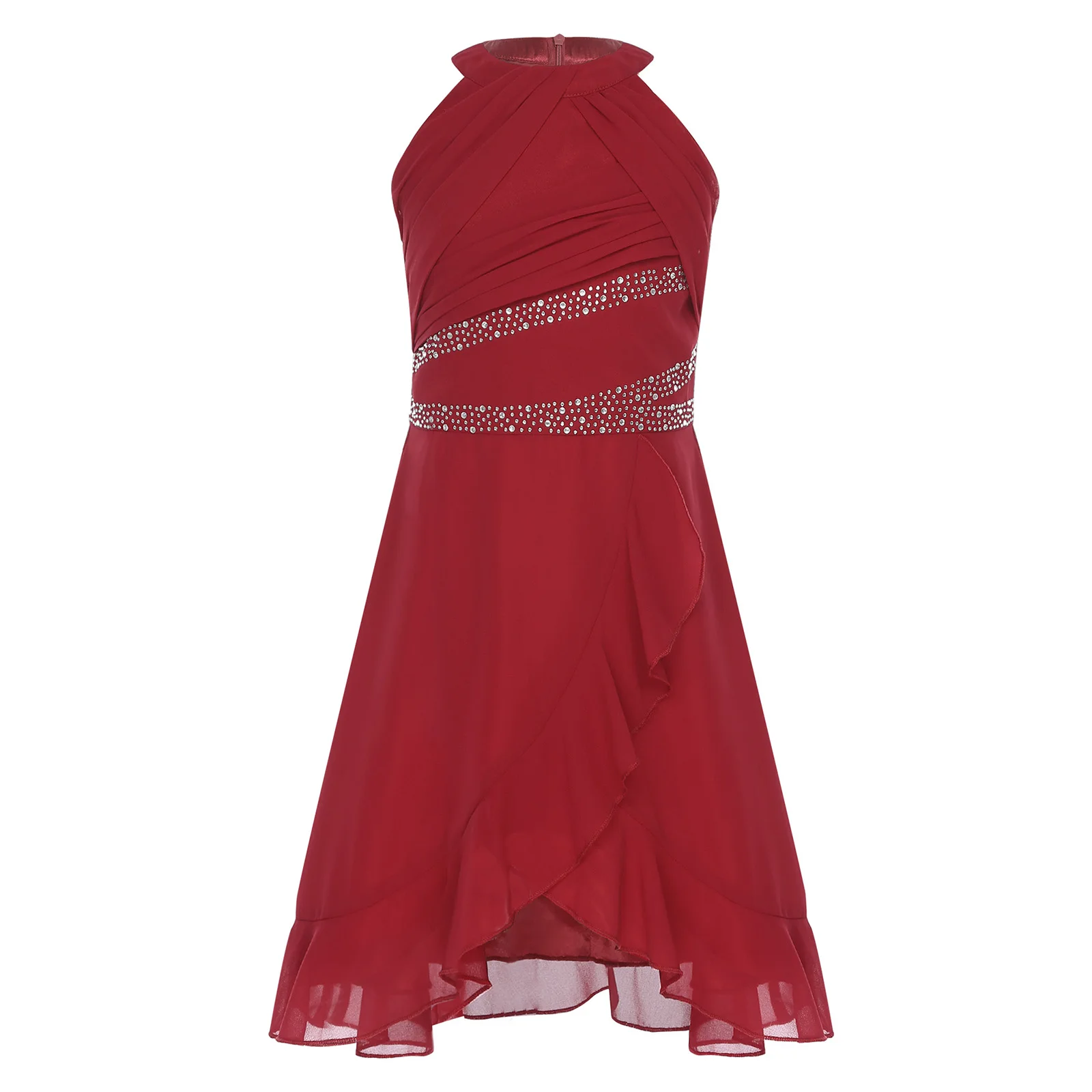 

Girls Party Dance Dress Sleeveless Halter Pleated Chiffon Rhinestones Irregular Ruffled Zipper Dress Wedding Party Girl Gown