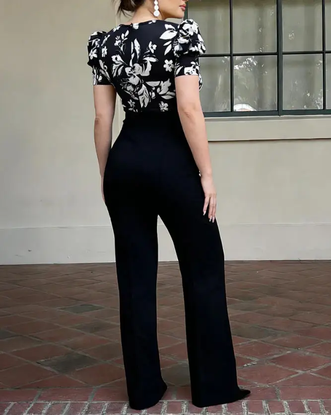 

Women's Jumpsuit Fashionable Elegant Print Splicing Deep V-Neck Bubble Sleeves Slim Fit Elegant Pleated Zipper Back Pants